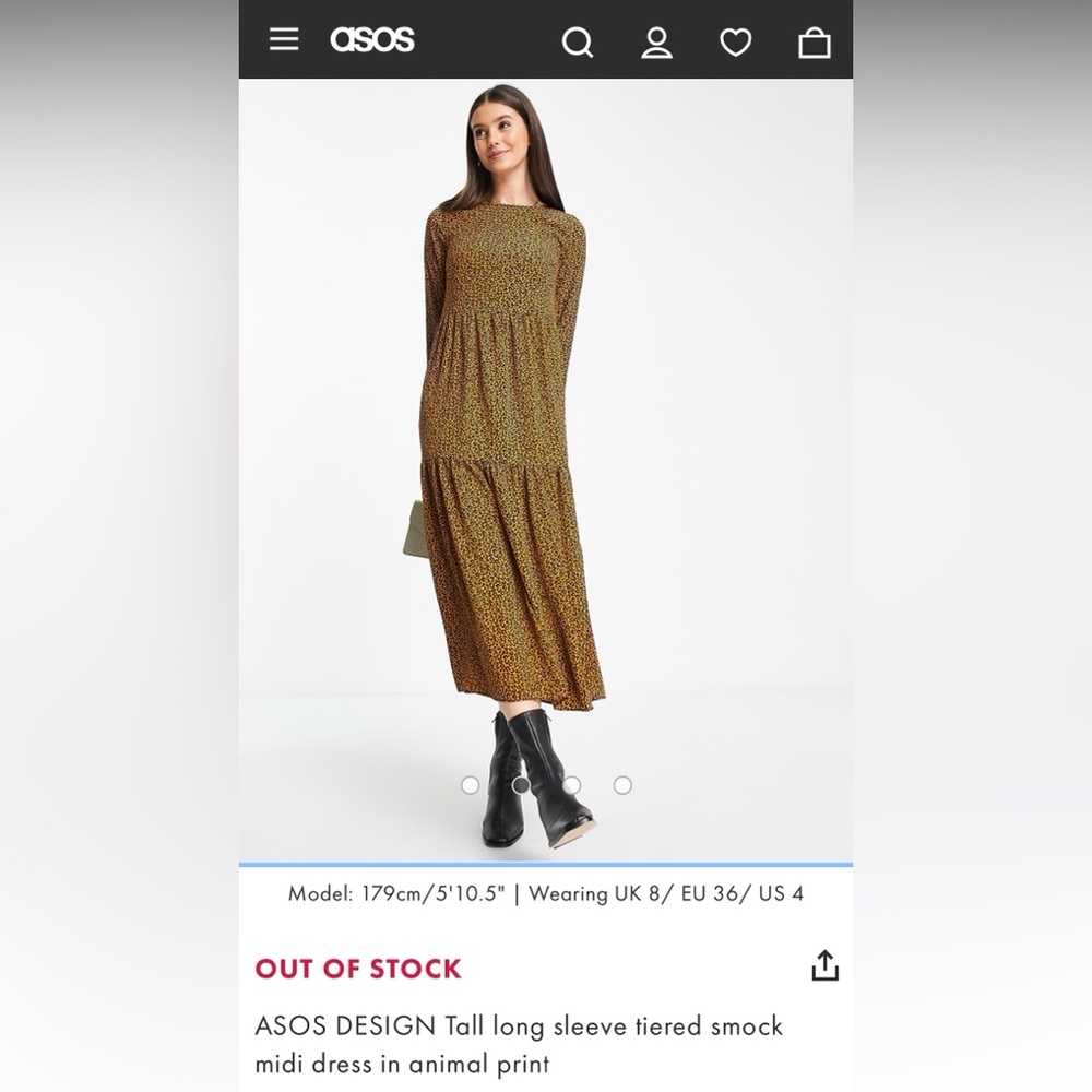 ASOS Long Sleeve Tiered Smock Midi Dress in Animal Print